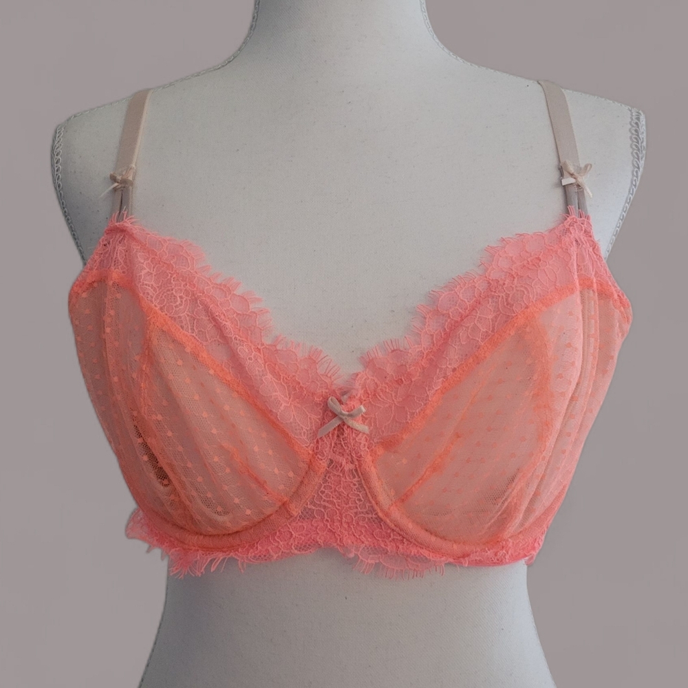 Victorias Secret Dream Angels Unlined Bra Coral Pink Lace Dainty 36D NEW Nwot